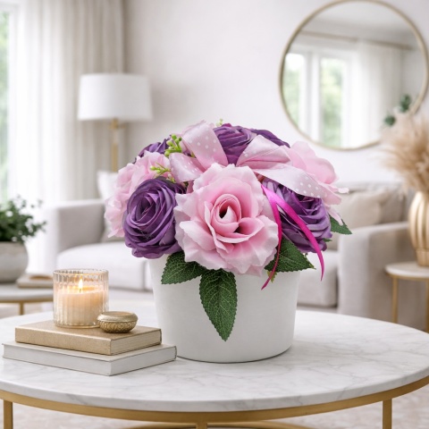Kompozycja kwiatowa „Różowo-Fioletowy Ogród" - sztuczne kwiaty w donicy