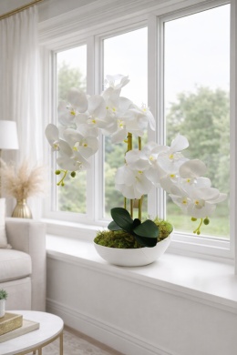 Storczyk biały Phalaenopsis w białej misie - sztuczna dekoracja do salonu
