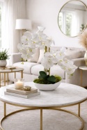 Storczyk biały Phalaenopsis w białej misie - sztuczna dekoracja do salonu