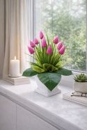 Stroik z tulipanów różowych w donicy 55 cm dekoracja wielkanocna