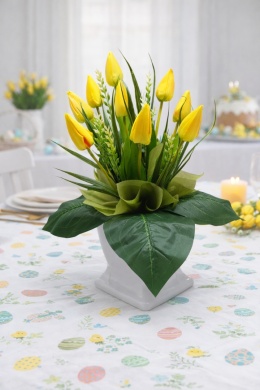 Stroik z tulipanów żółtych w donicy 55 cm dekoracja wielkanocna