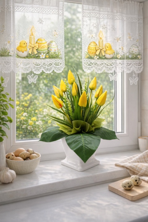 Stroik z tulipanów żółtych w donicy 55 cm dekoracja wielkanocna